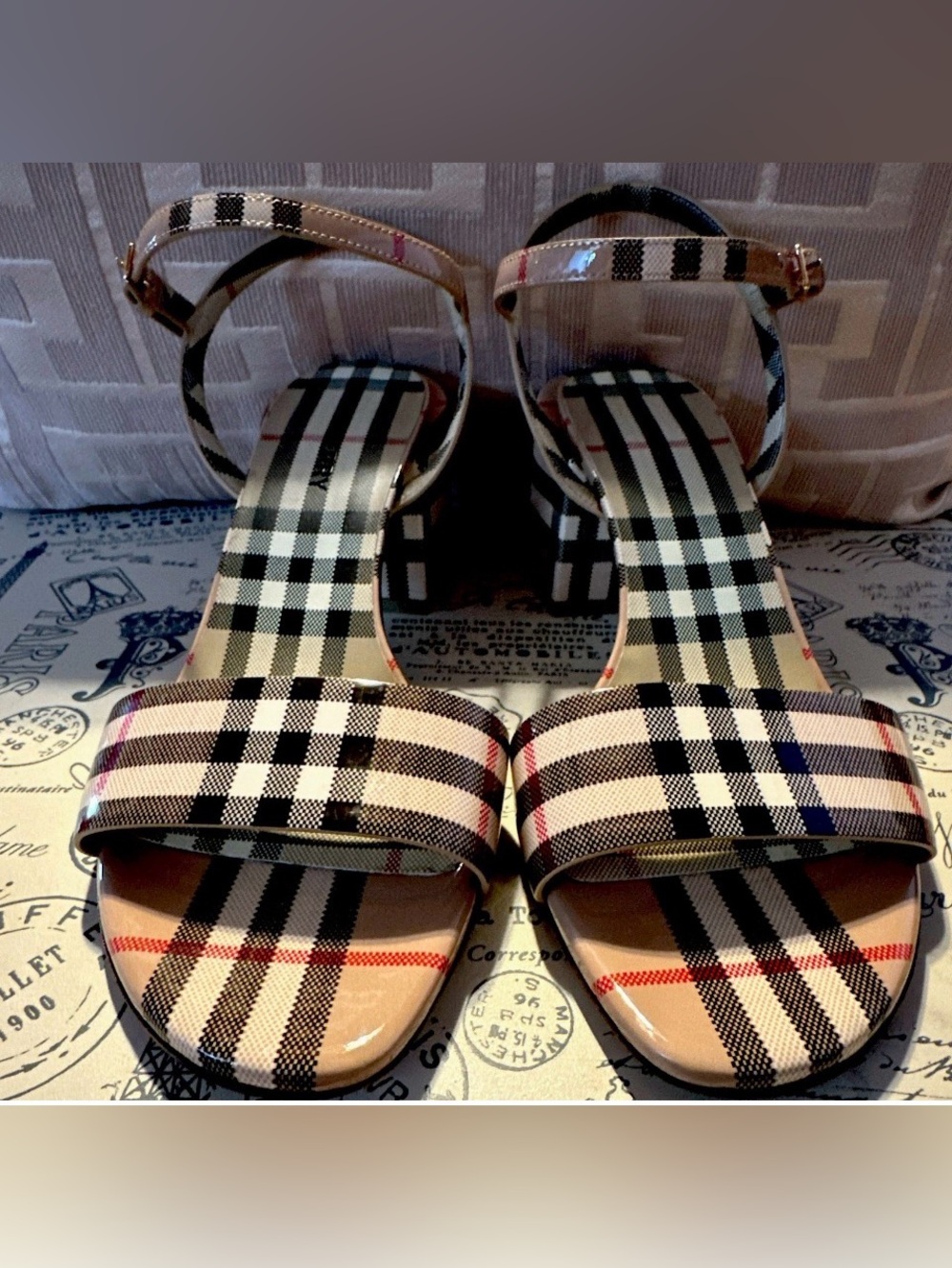 Vintage Burberry Beige and Black Plaid Ankle-Strap Block Heels. Uniquely you
